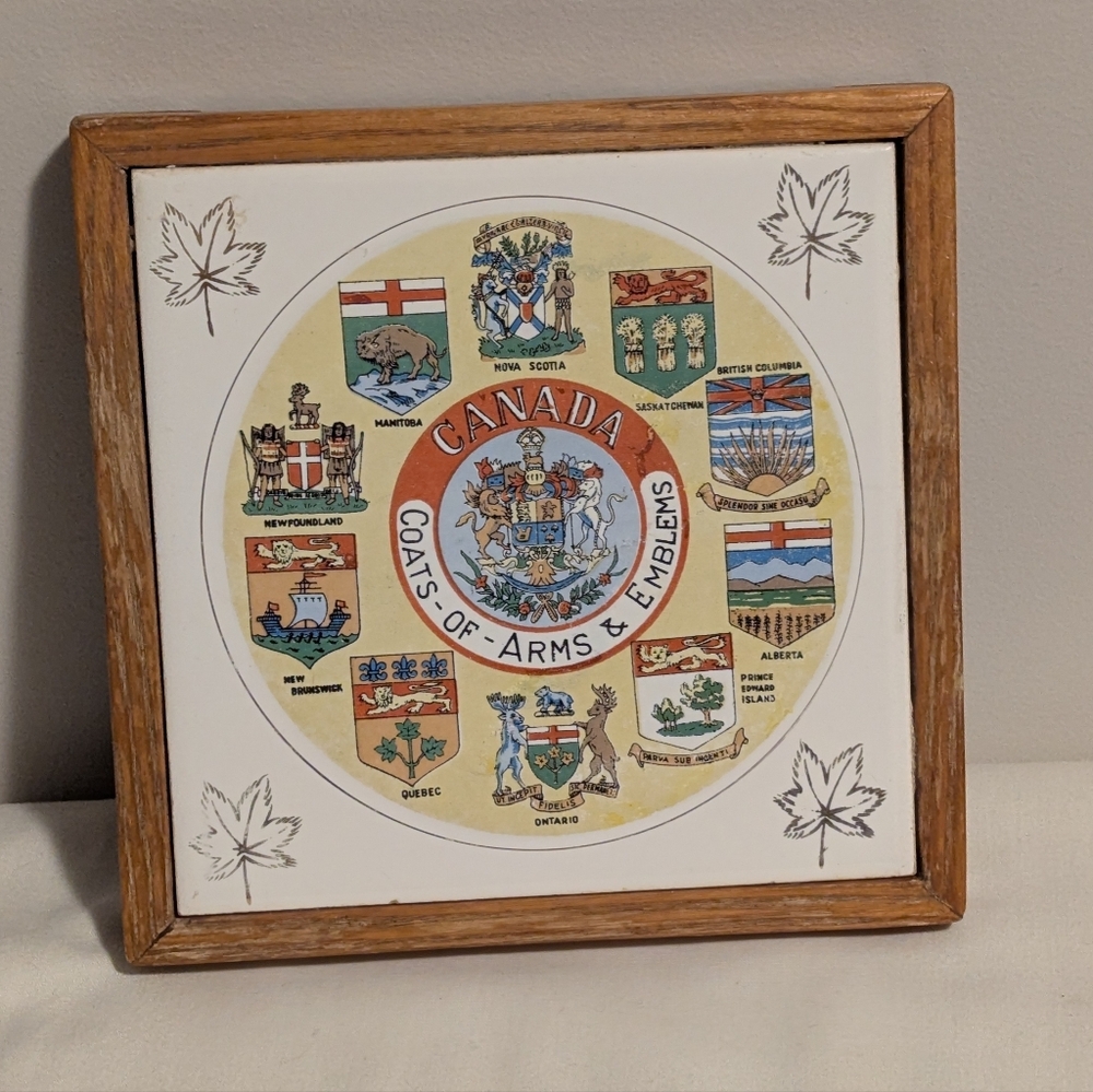 Canada Coats of Arms Wall Art Or Trivet. Wooden Frame With Ceramic Tile. GUC.